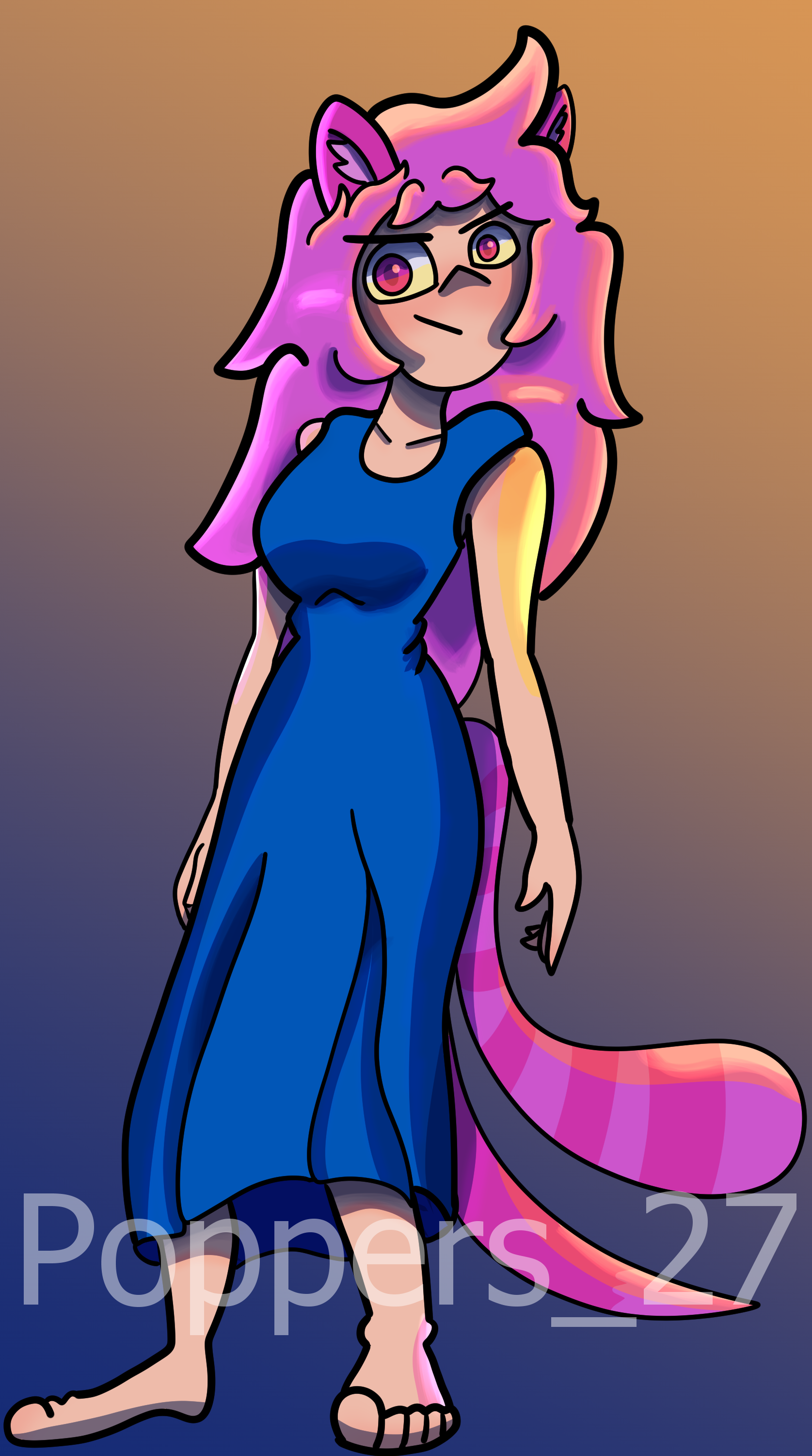 Fullbody art of Wamo standing against gradient background. Poppers' watermark is across the bottom of the piece.